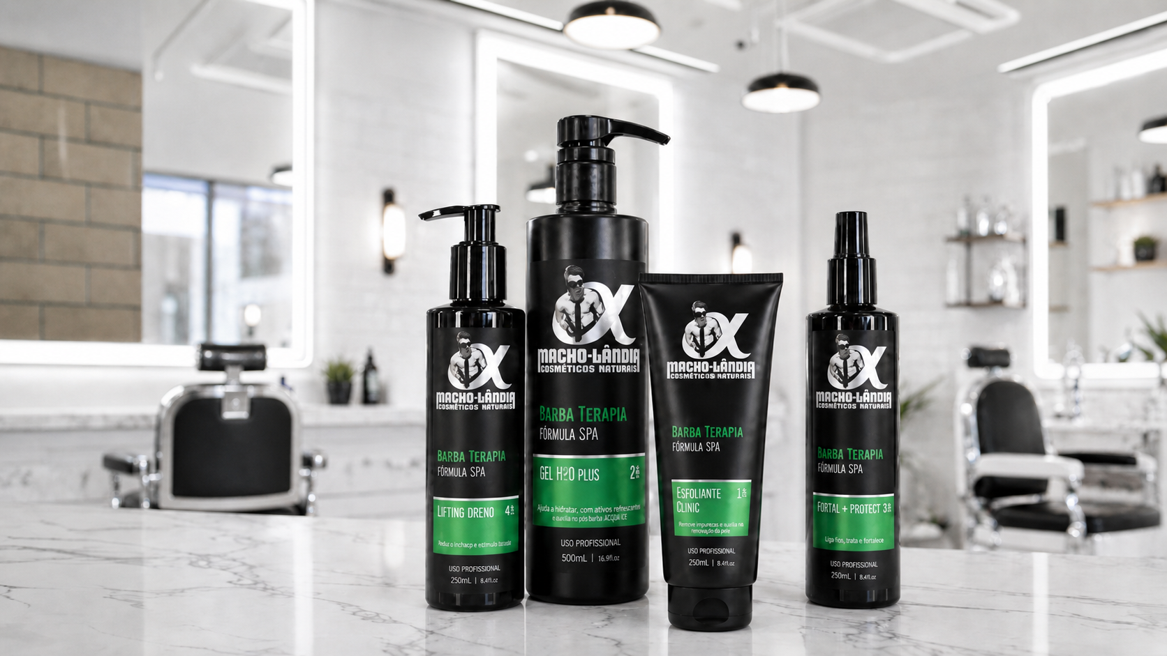 Linha Barba Terapia — Lifting Dreno, Gel H2O Plus, Esfoliante Clinic e Fortal+Protect em barbearia premium