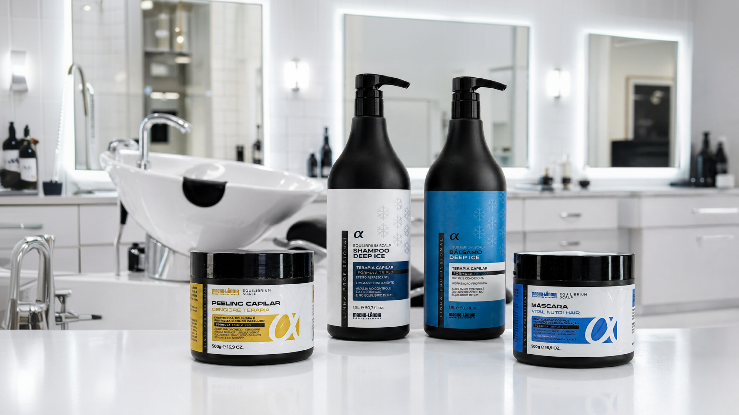 Linha Equilíbrio Vital — Peeling, Shampoo Deep Ice, Bálsamo Deep Ice e Máscara Vital Nutri Hair em lavatório profissional